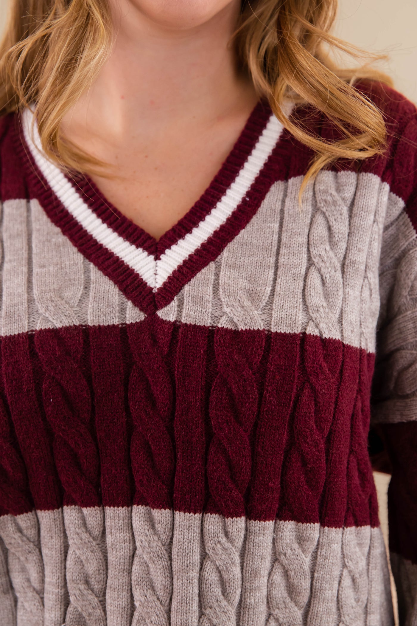 Striped Cable Knit Sweater- Oversized Varsity Inspired Sweater- She + Sky Striped Sweater