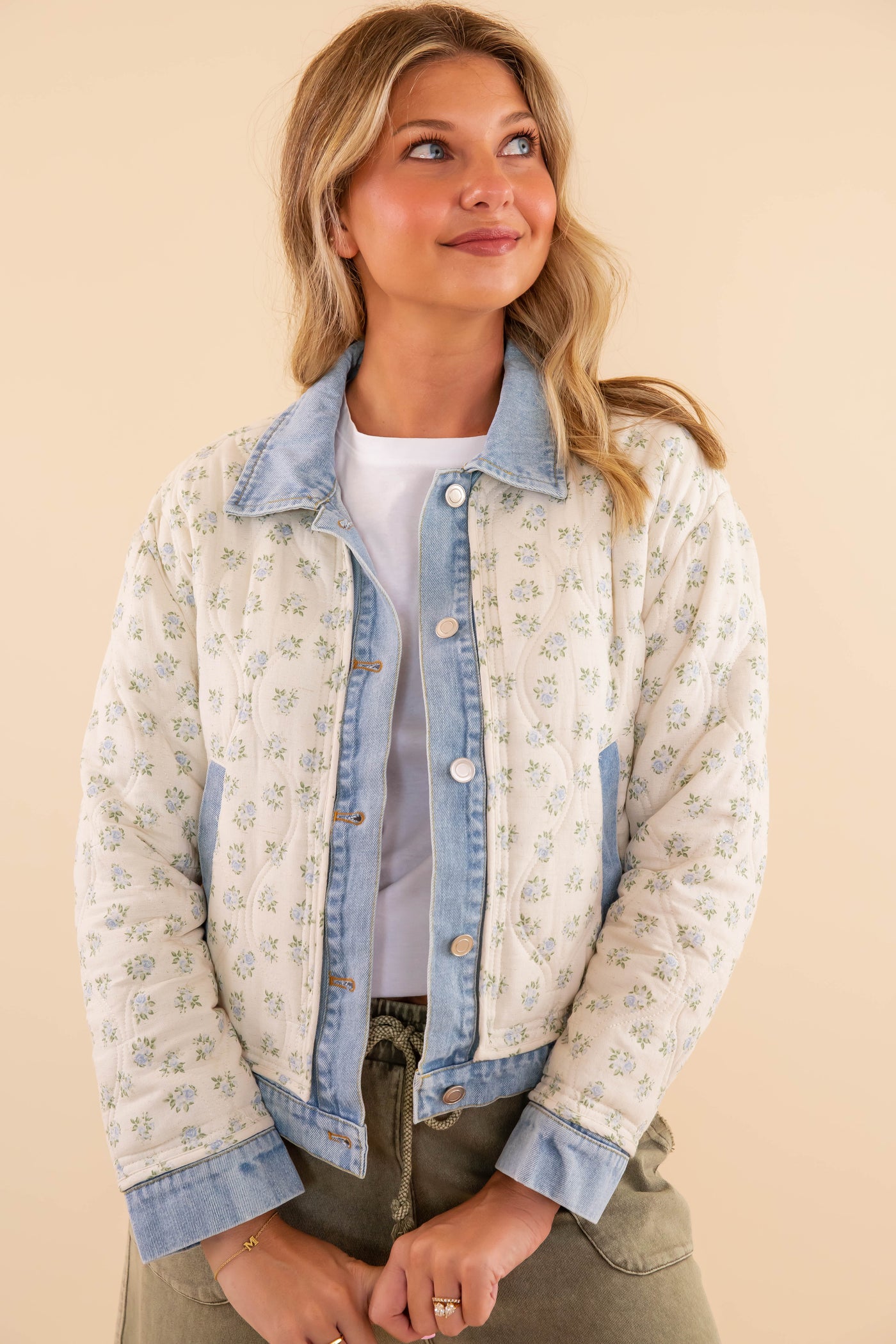 Women's Vintage Floral Denim Jacket- Floral Quilted Jacket- Main Strip Quilted Jacket with Denim Trim