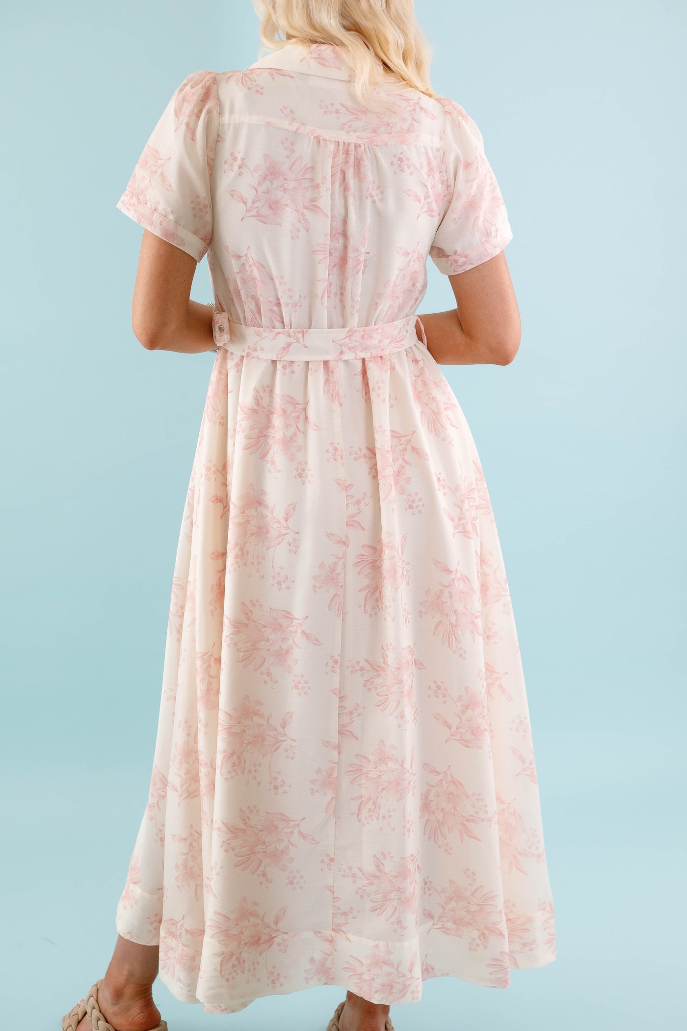 Women's Belted Shirt Dress- Vintage Inspired Dresses- Blush Print Midi