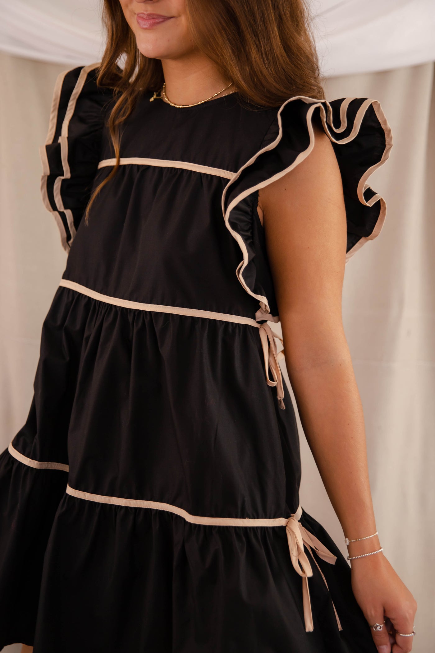 Women's Black Tiered Dress- Black Ribbon Dress- Women's Black Ruffle Dress