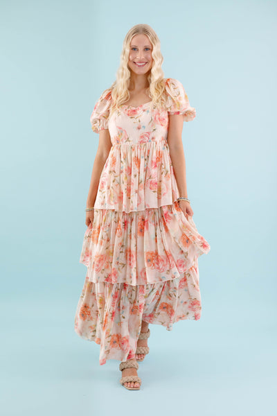 Coral Floral Maxi Dress- Elegant Tiered Maxi Dress - Maxi Dress by AAKKA