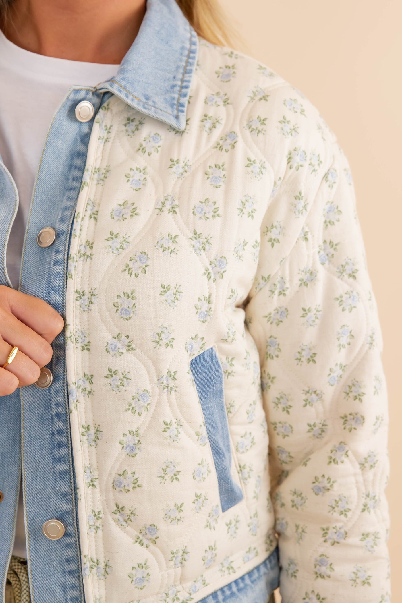 Women's Vintage Floral Denim Jacket- Floral Quilted Jacket- Main Strip Quilted Jacket with Denim Trim