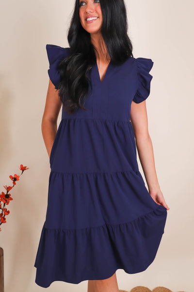 Women's Navy Midi Dress- Tiered Ruffle Midi Dress- Entro Ruffle Midi Dress