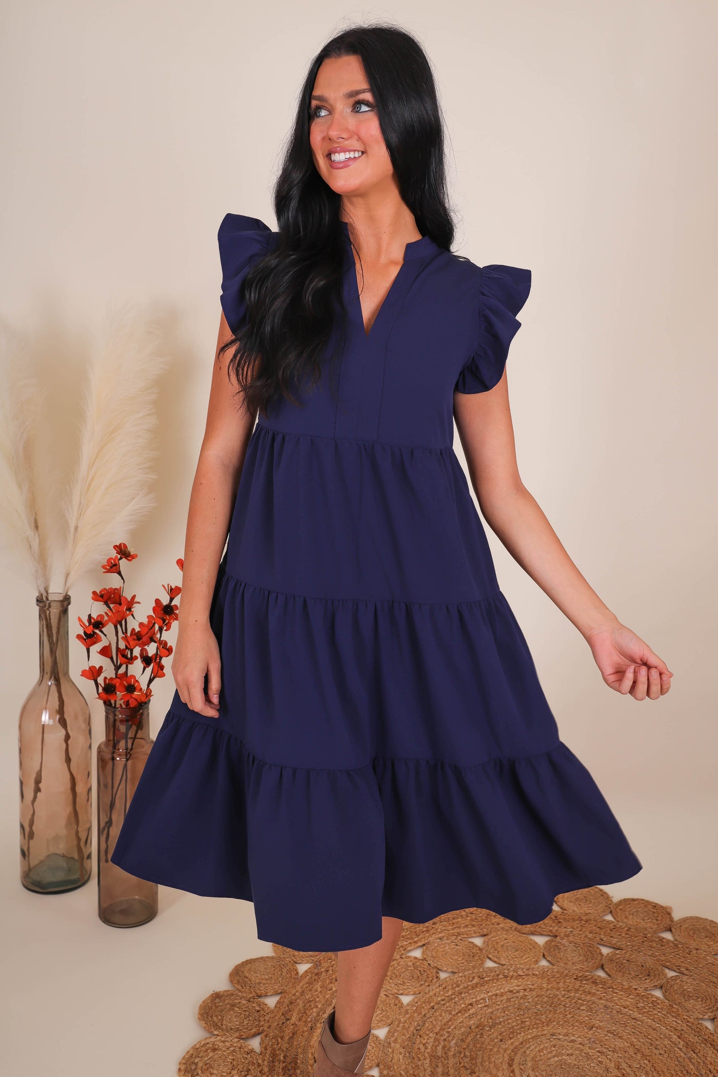 Women's Navy Midi Dress- Tiered Ruffle Midi Dress- Entro Ruffle Midi Dress