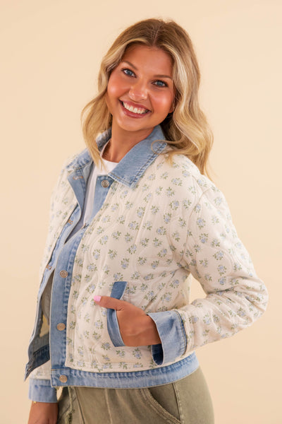 Women's Vintage Floral Denim Jacket- Floral Quilted Jacket- Main Strip Quilted Jacket with Denim Trim