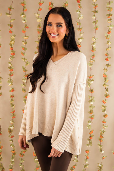 Women's Ivory Brushed Knit Sweater- Oversized V-Neckline Sweater- Women's Comfy Tops