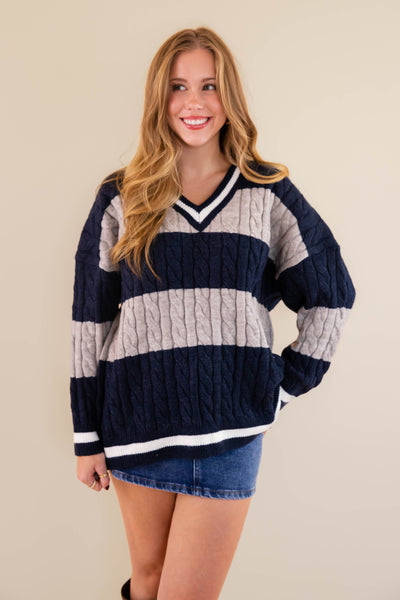 Striped Cable Knit Sweater- Oversized Varsity Inspired Sweater- She + Sky Striped Sweater