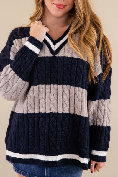 Striped Cable Knit Sweater- Oversized Varsity Inspired Sweater- She + Sky Striped Sweater