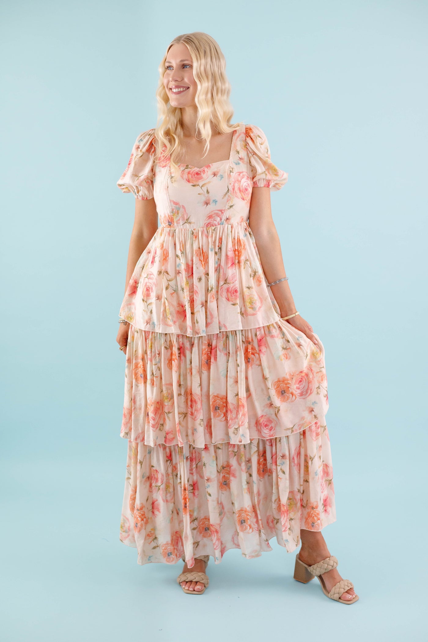 Coral Floral Maxi Dress- Elegant Tiered Maxi Dress - Maxi Dress by AAKKA