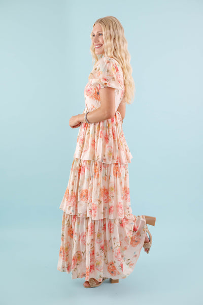 Coral Floral Maxi Dress- Elegant Tiered Maxi Dress - Maxi Dress by AAKKA