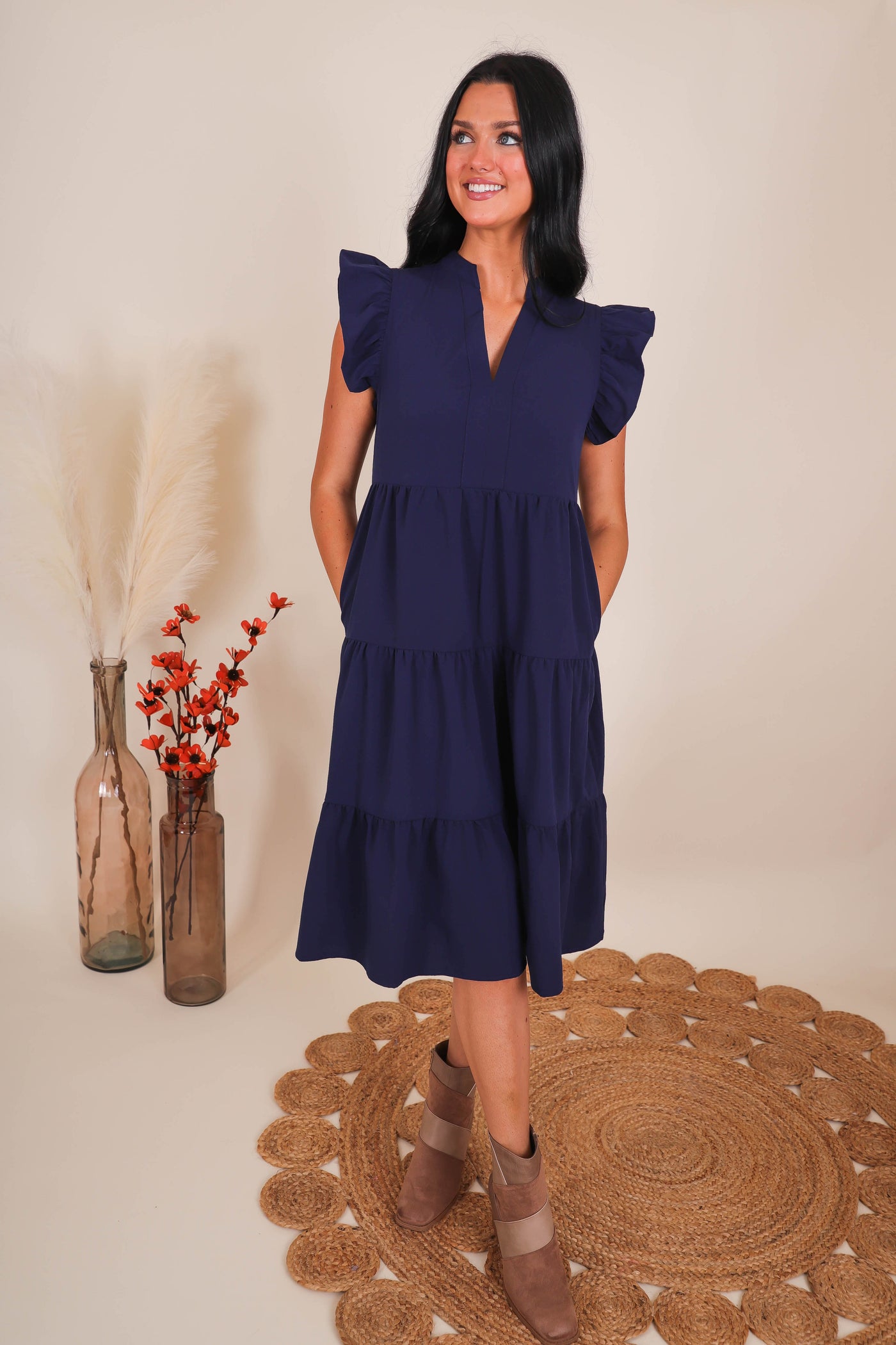 Women's Navy Midi Dress- Tiered Ruffle Midi Dress- Entro Ruffle Midi Dress