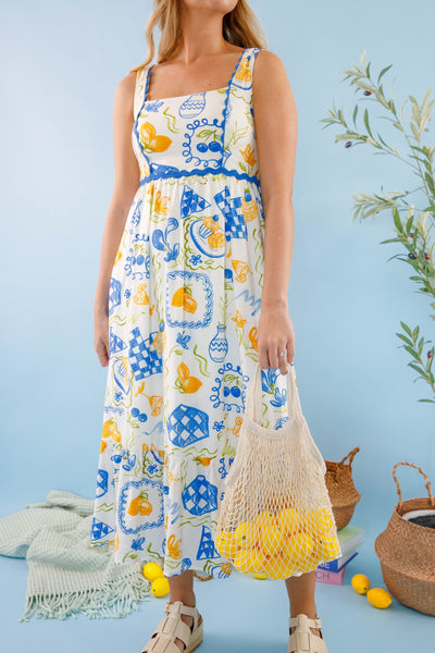 Lemon Print Midi Dress- Blue and White Printed Dress- Women's Lemon Dress