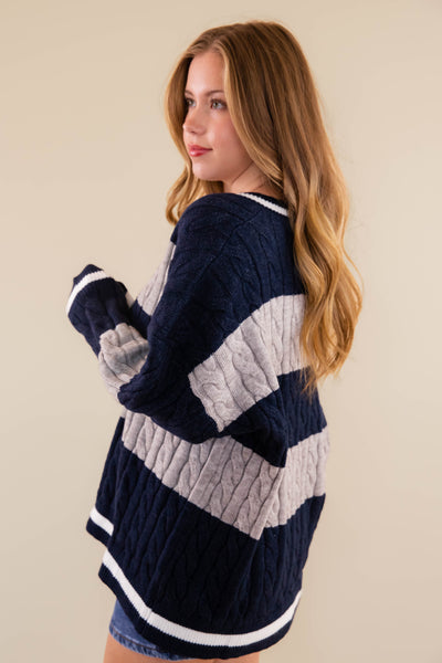 Striped Cable Knit Sweater- Oversized Varsity Inspired Sweater- She + Sky Striped Sweater