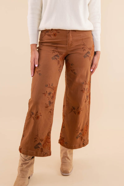 Women's Brown Floral Denim Pants- Women's Comfortable Straight Leg Denim- Easel Floral Denim Pants