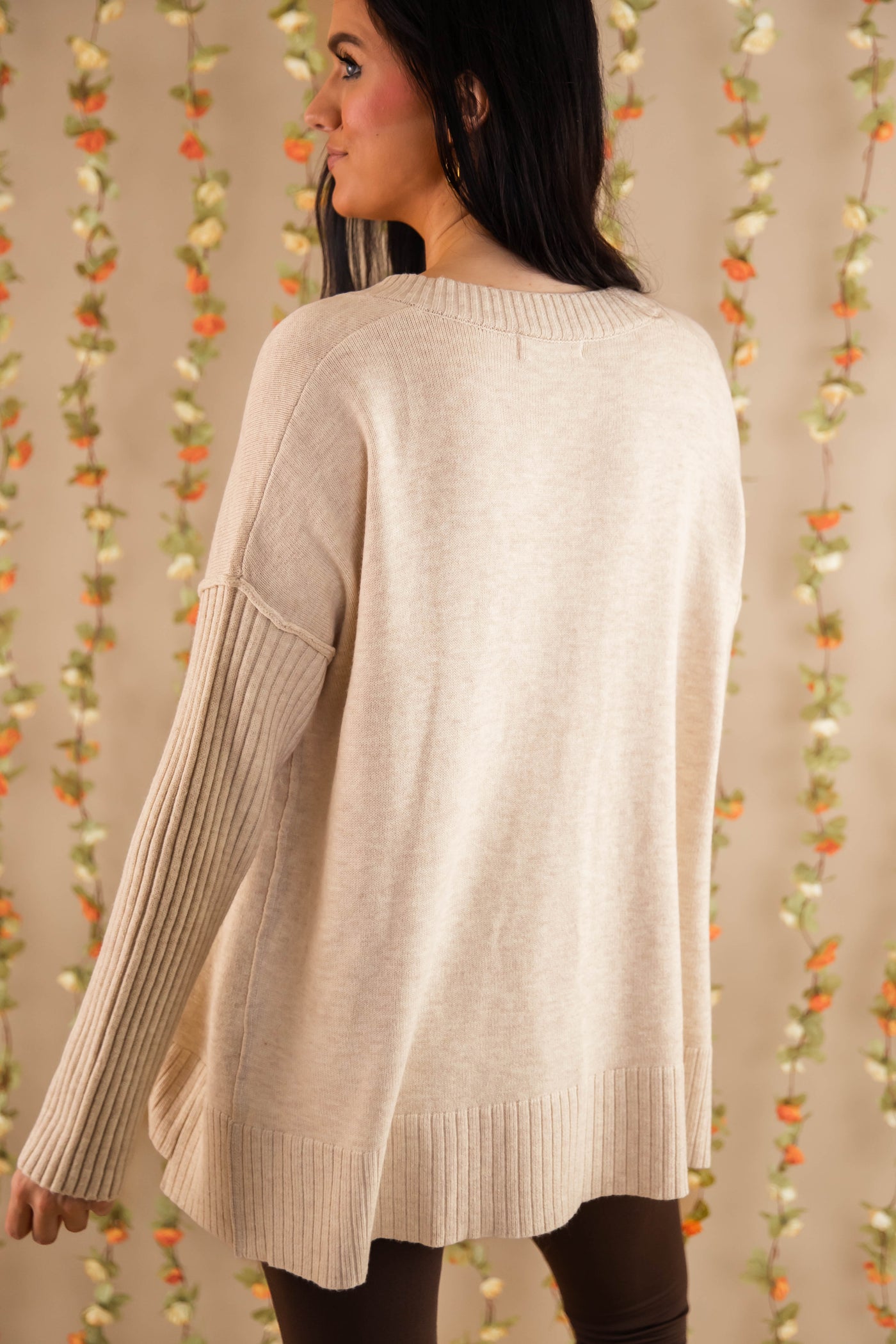 Women's Ivory Brushed Knit Sweater- Oversized V-Neckline Sweater- Women's Comfy Tops