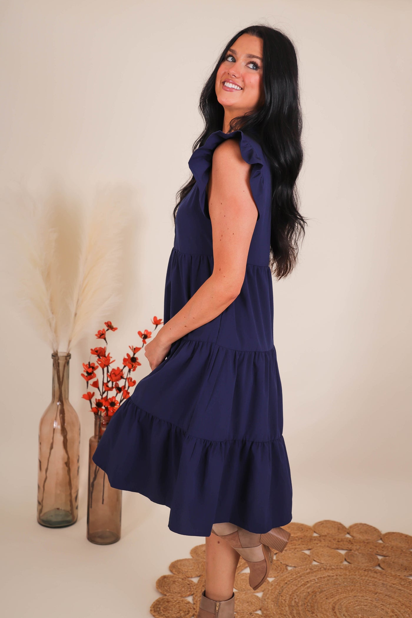 Women's Navy Midi Dress- Tiered Ruffle Midi Dress- Entro Ruffle Midi Dress