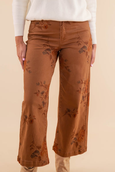 Women's Brown Floral Denim Pants- Women's Comfortable Straight Leg Denim- Easel Floral Denim Pants