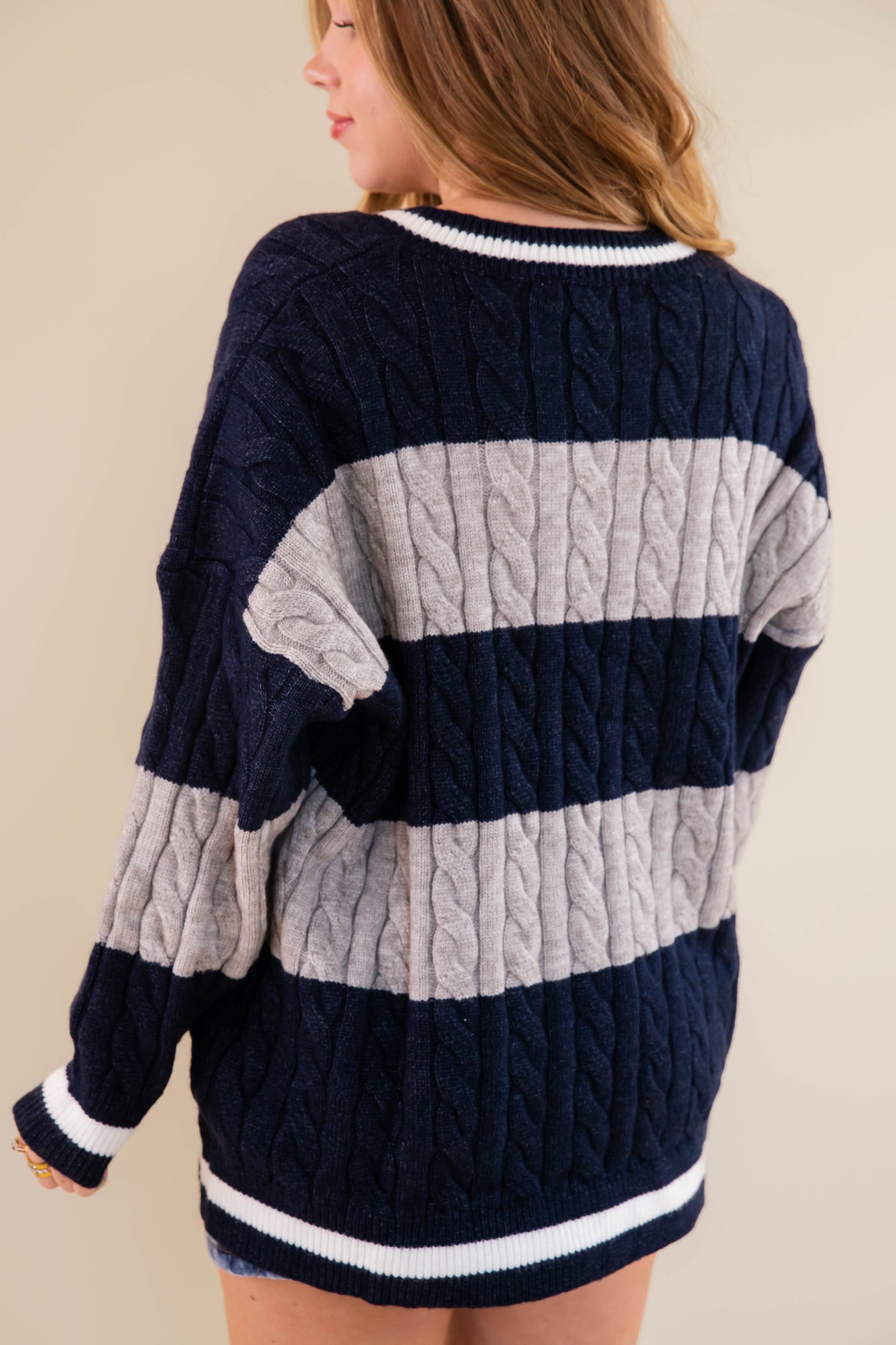 Striped Cable Knit Sweater- Oversized Varsity Inspired Sweater- She + Sky Striped Sweater