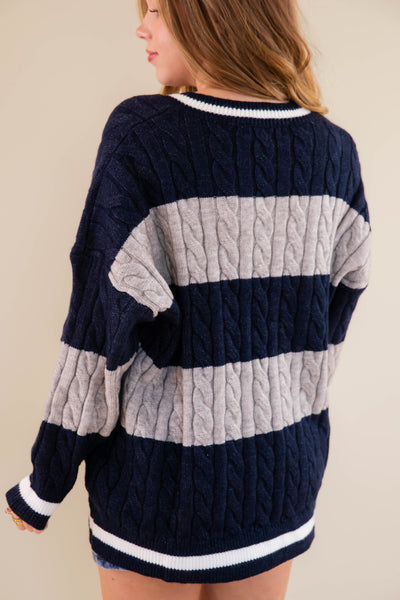 Striped Cable Knit Sweater- Oversized Varsity Inspired Sweater- She + Sky Striped Sweater