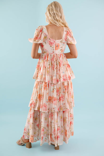 Coral Floral Maxi Dress- Elegant Tiered Maxi Dress - Maxi Dress by AAKKA