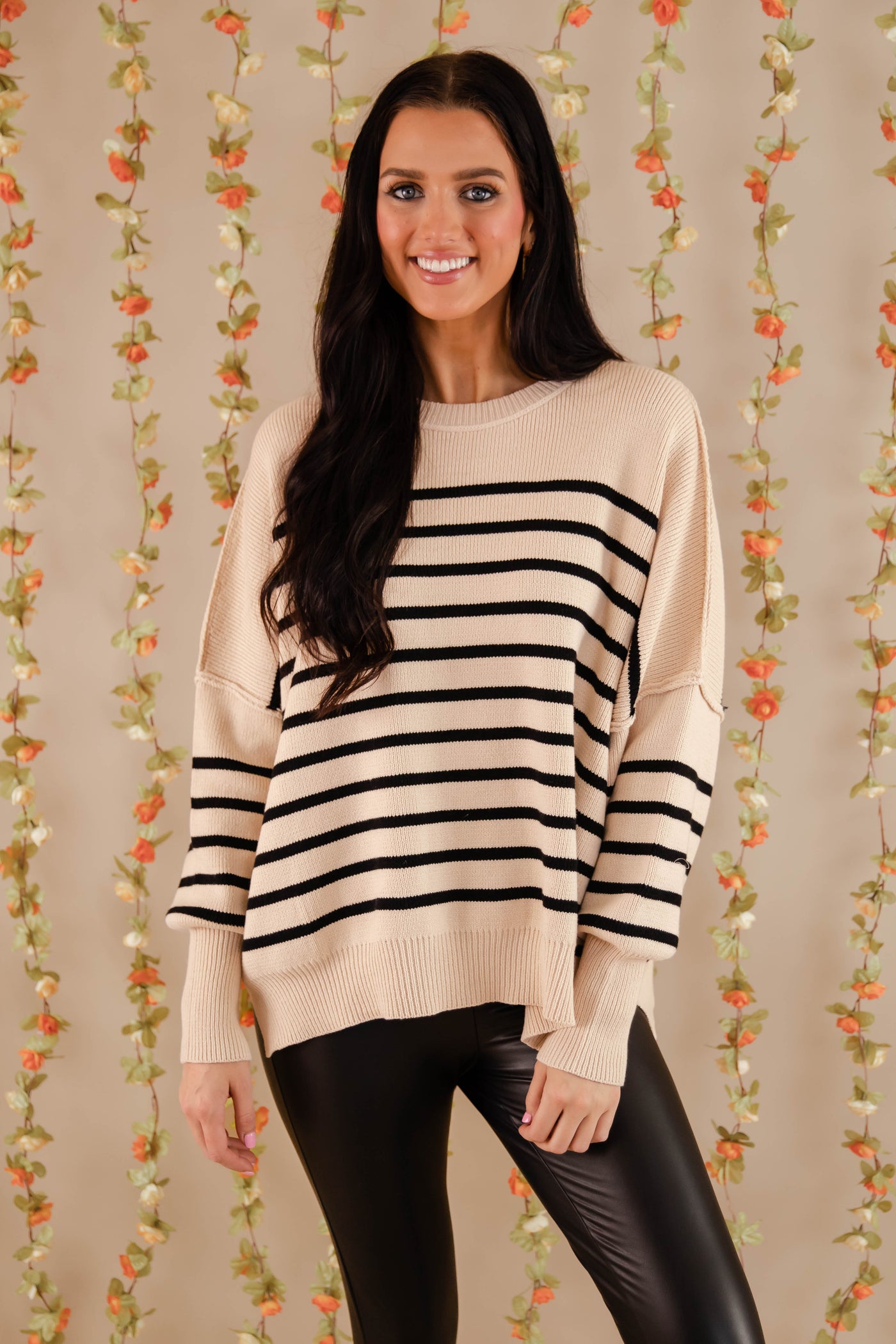 Black Striped Oversized Sweater- Women's Preppy Sweaters- Entro Stripe Sweater