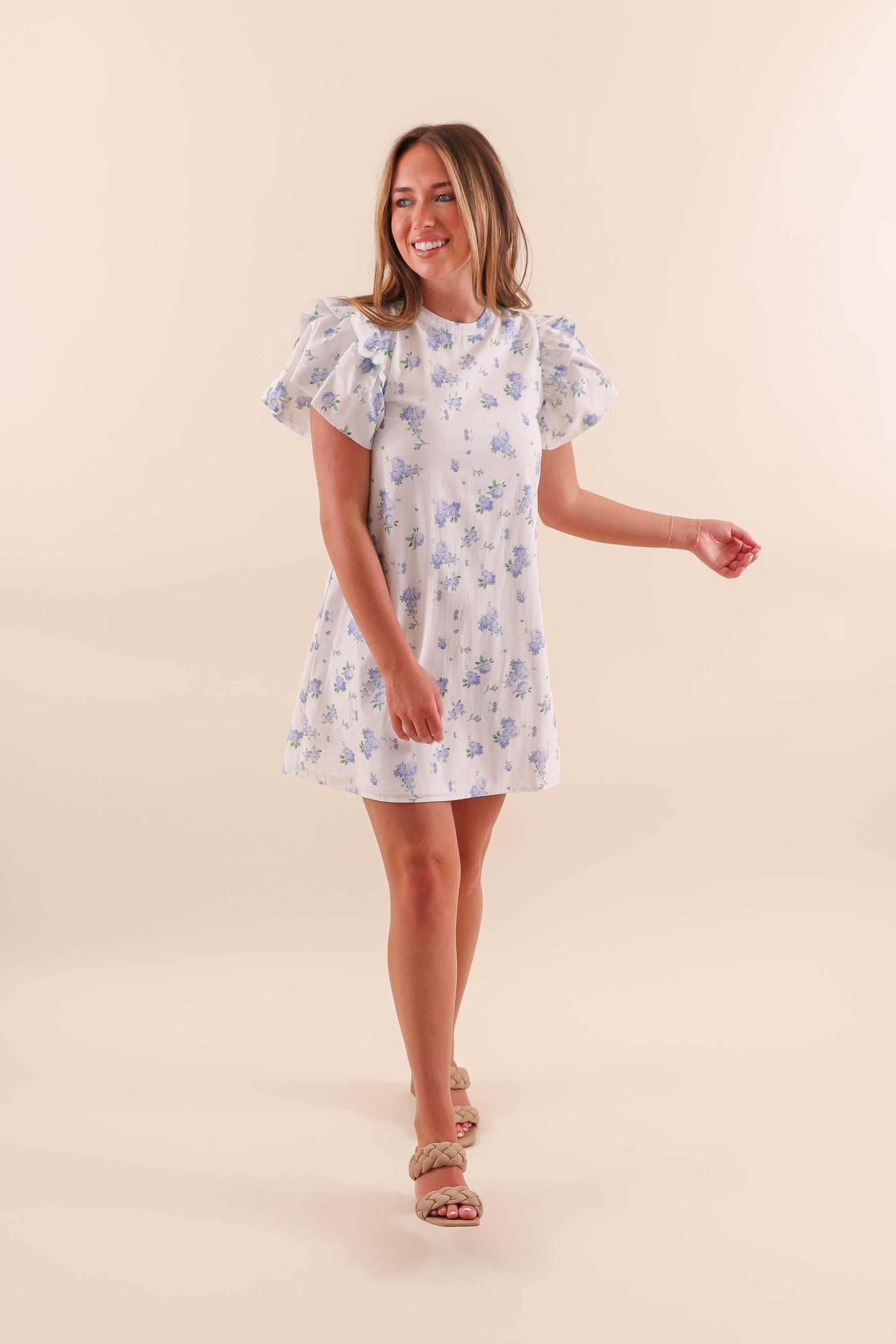 White Floral Shift Dress - Floral Shift Dress with Ruffled Sleeves- TCEC Ruffle Dress