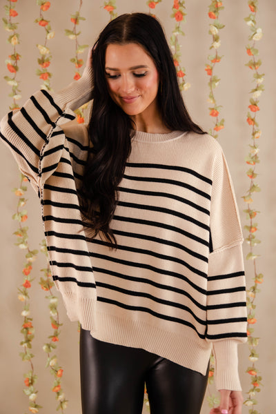 Black Striped Oversized Sweater- Women's Preppy Sweaters- Entro Stripe Sweater