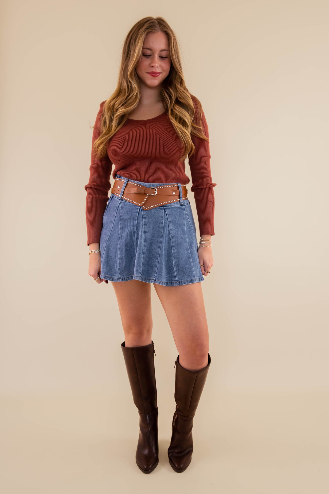 Pleated Denim Mini Skirt- Denim Skirt with Western Studded Belt- Denim Mini Skirt