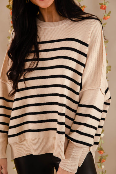 Black Striped Oversized Sweater- Women's Preppy Sweaters- Entro Stripe Sweater