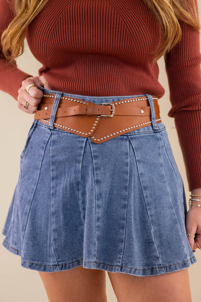 Pleated Denim Mini Skirt- Denim Skirt with Western Studded Belt- Denim Mini Skirt
