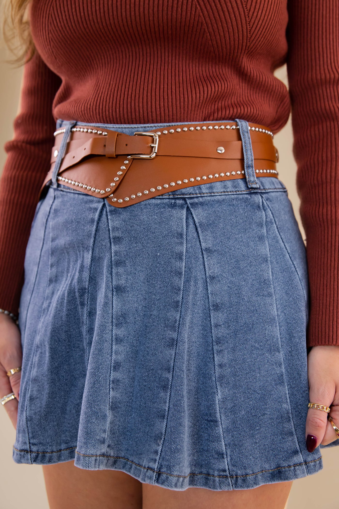 Pleated Denim Mini Skirt- Denim Skirt with Western Studded Belt- Denim Mini Skirt