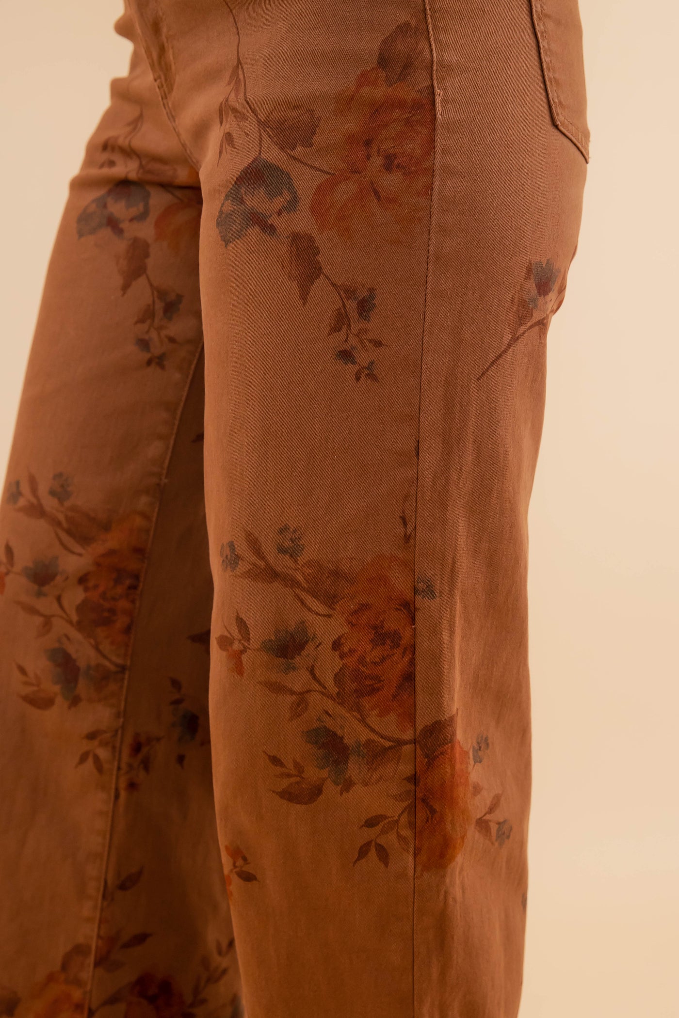 Women's Brown Floral Denim Pants- Women's Comfortable Straight Leg Denim- Easel Floral Denim Pants