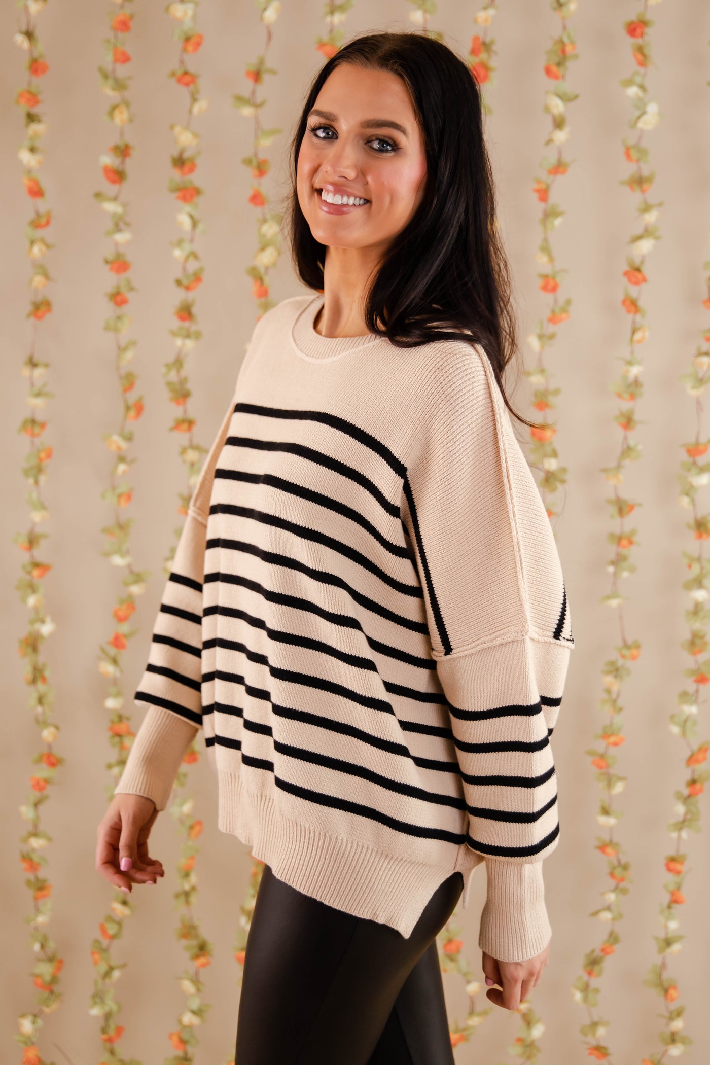 Black Striped Oversized Sweater- Women's Preppy Sweaters- Entro Stripe Sweater