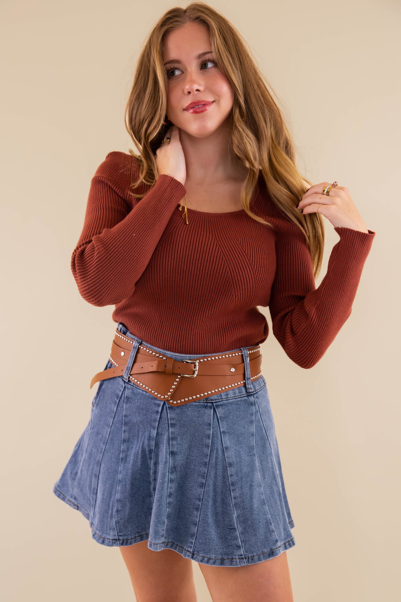 Pleated Denim Mini Skirt- Denim Skirt with Western Studded Belt- Denim Mini Skirt