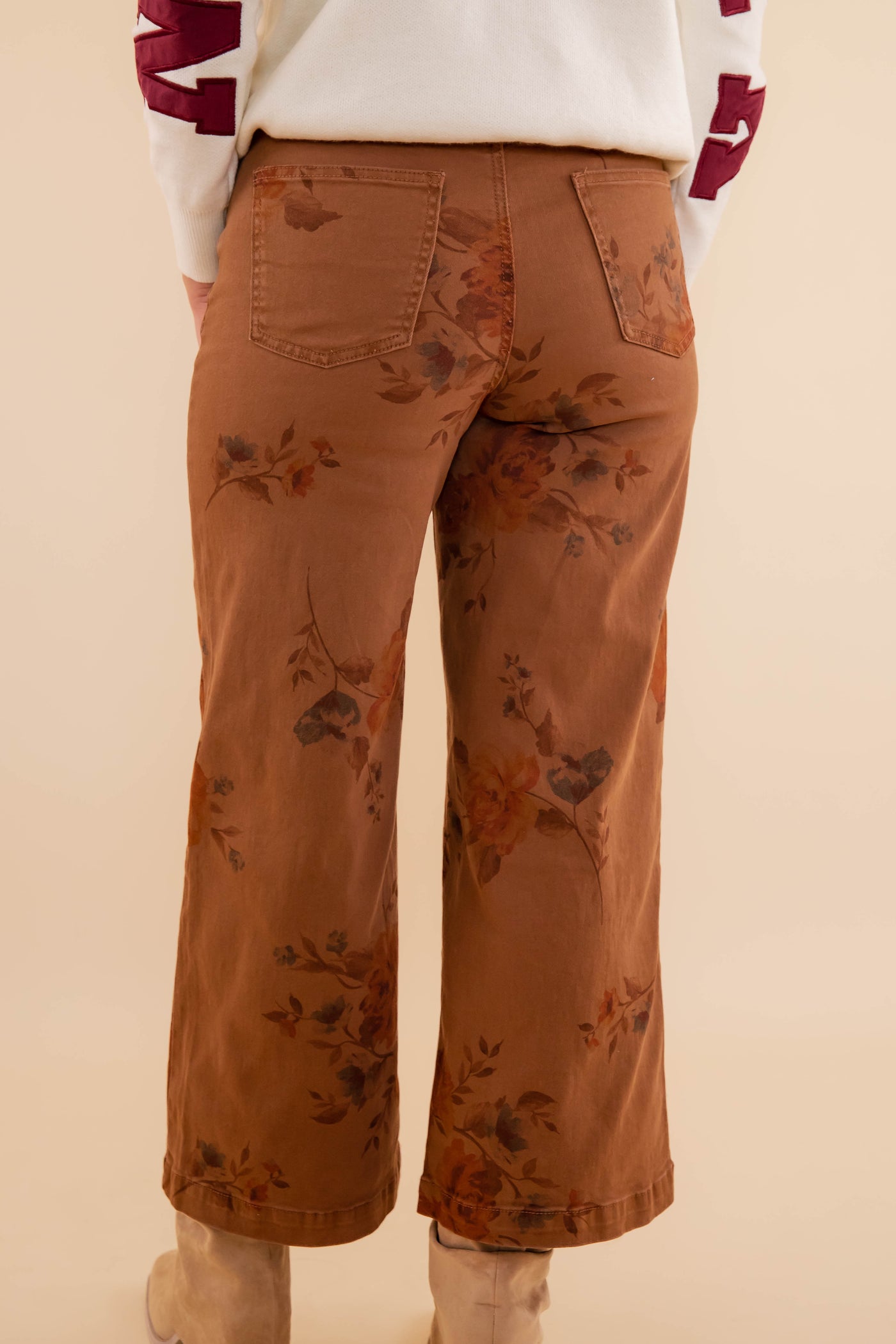 Women's Brown Floral Denim Pants- Women's Comfortable Straight Leg Denim- Easel Floral Denim Pants