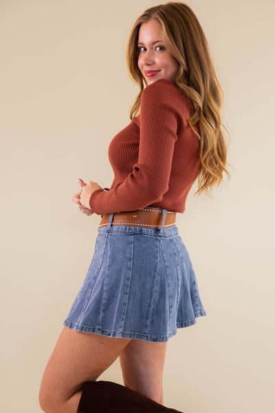 Pleated Denim Mini Skirt- Denim Skirt with Western Studded Belt- Denim Mini Skirt