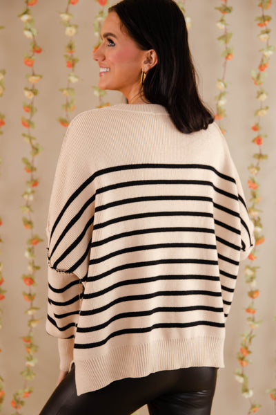 Black Striped Oversized Sweater- Women's Preppy Sweaters- Entro Stripe Sweater