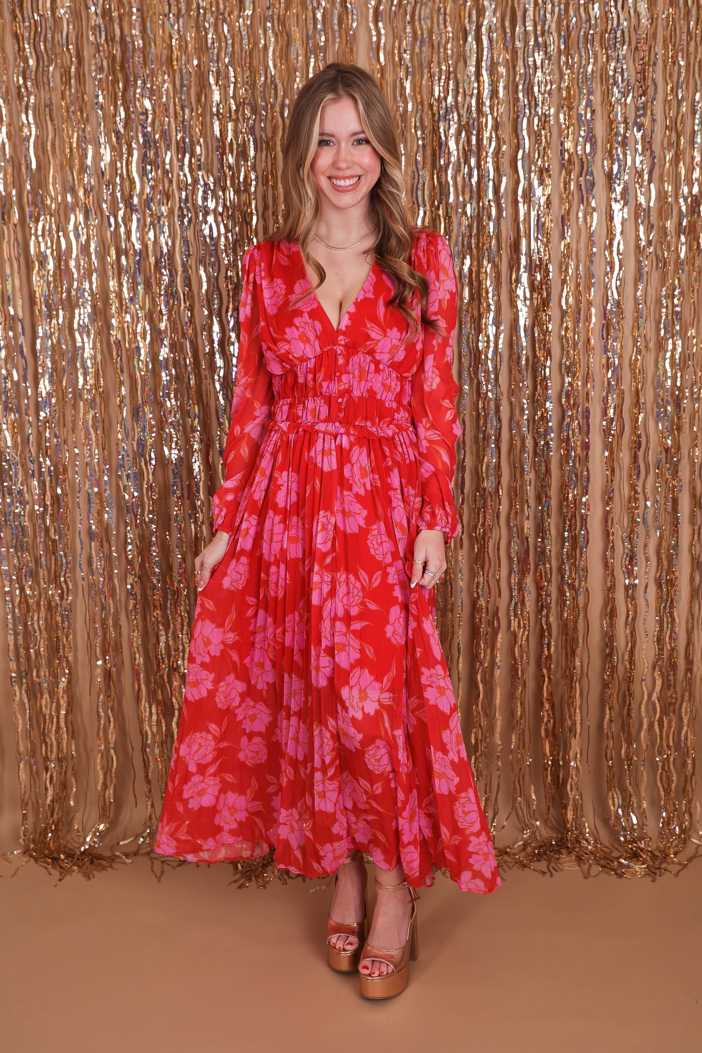 Women's Floral Chiffon Maxi Dress- Pink and Red Floral Maxi- Strut&Bolt Maxi Dress