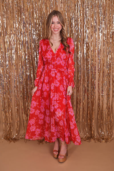 Women's Floral Chiffon Maxi Dress- Pink and Red Floral Maxi- Strut&Bolt Maxi Dress