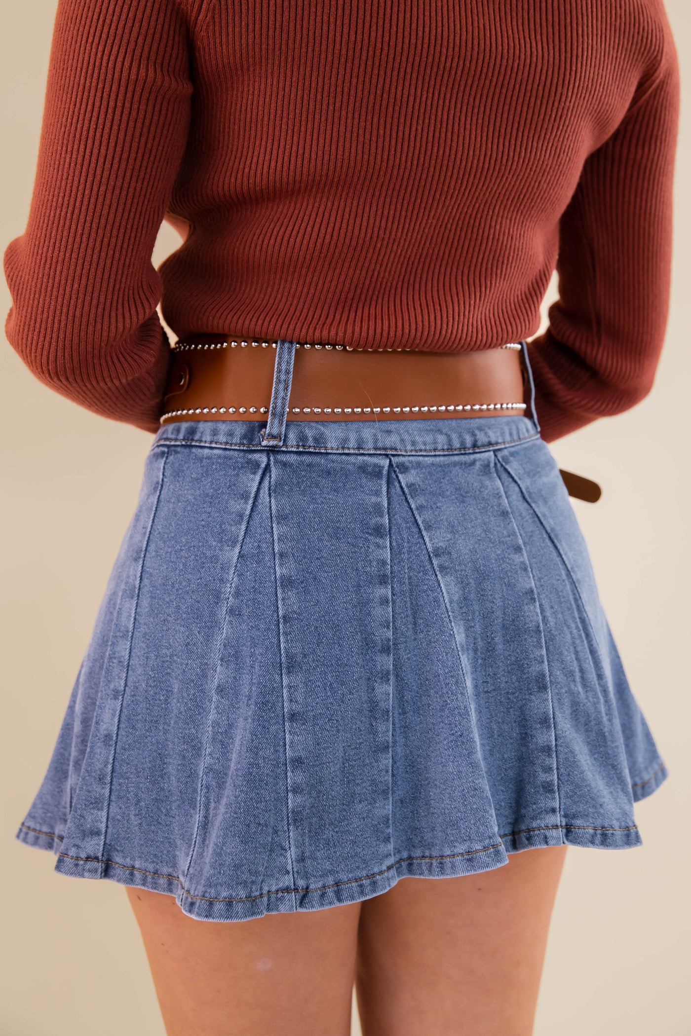 Pleated Denim Mini Skirt- Denim Skirt with Western Studded Belt- Denim Mini Skirt