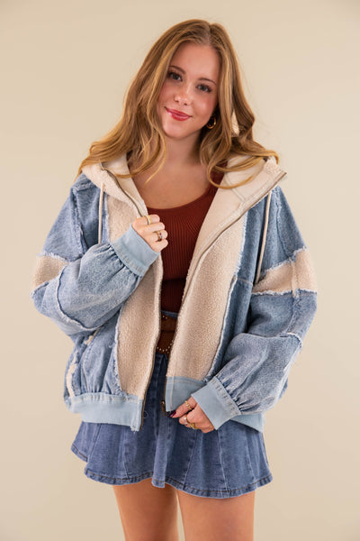Oversized Denim Jacket- Denim and Sherpa Patchwork Jacket- Bibi Denim Sherpa Jacket