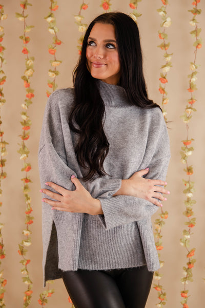 Oversized Grey Mockneck Sweater- Women's Soft Oversized Sweater- Ribbed Knit Comfy Sweater