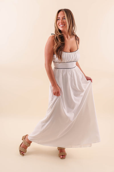 White Maxi Dress with Black Piping Contrast - Solid White Maxi With Black Stripes