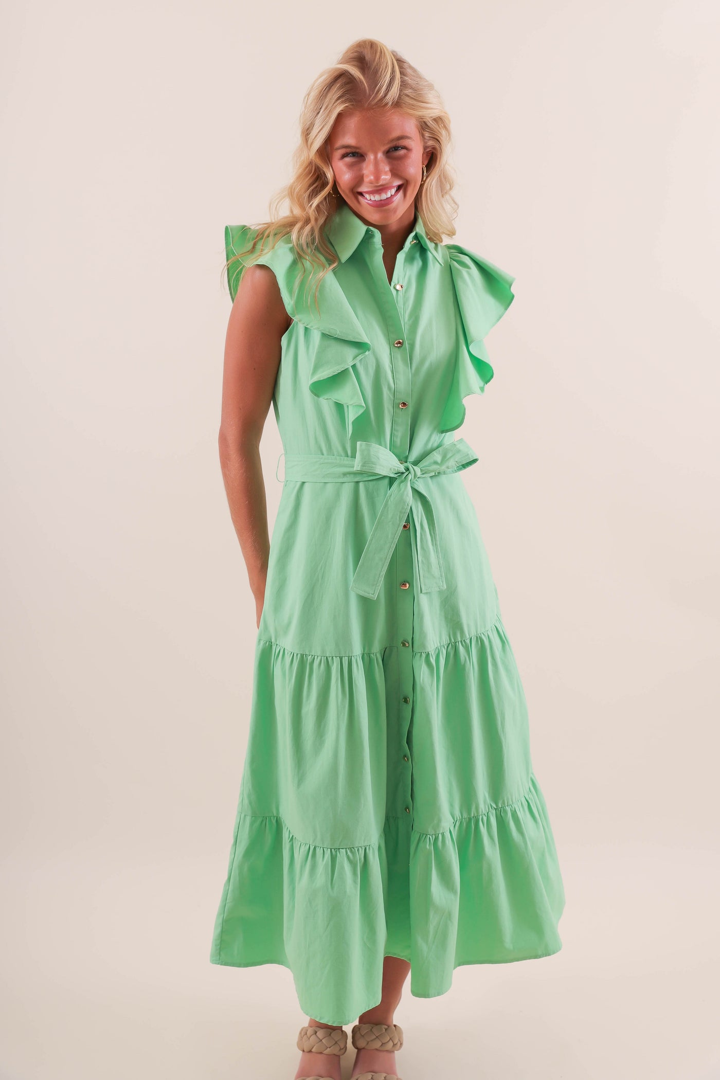 Ruffle Button-Down Poplin Midi Dress- Women's Preppy Green Midi Dress- Ruffle Green Dress