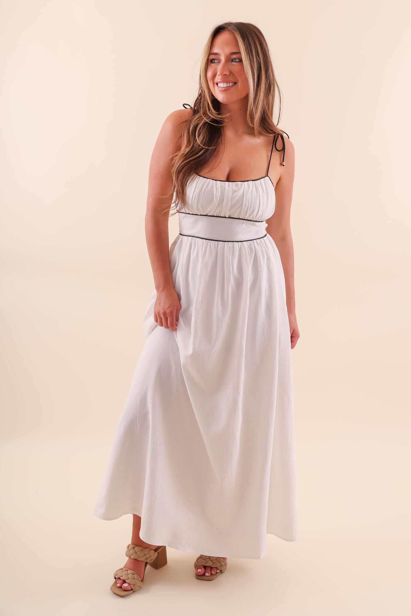 White Maxi Dress with Black Piping Contrast - Solid White Maxi With Black Stripes