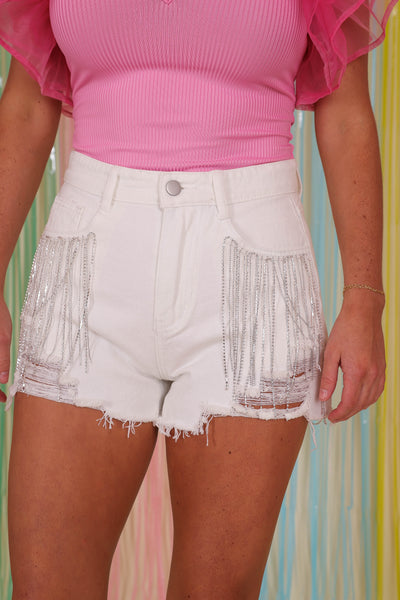 Distressed Rhinestone Shorts- White Denim Sparkle Shorts- BlueB Rhinestone Shorts