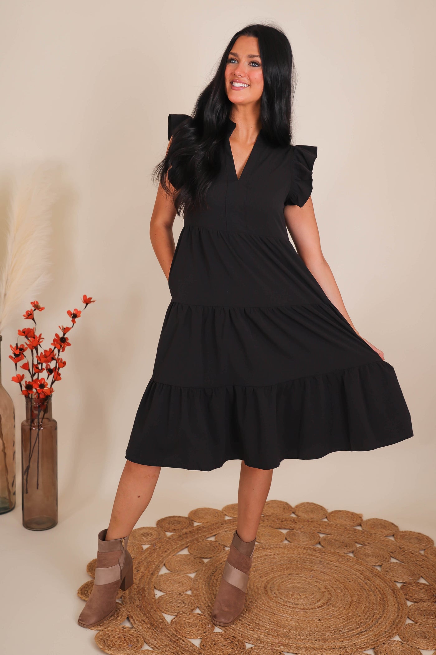 Women's Black Midi Dress- Tiered Ruffle Midi Dress- Entro Ruffle Midi Dress