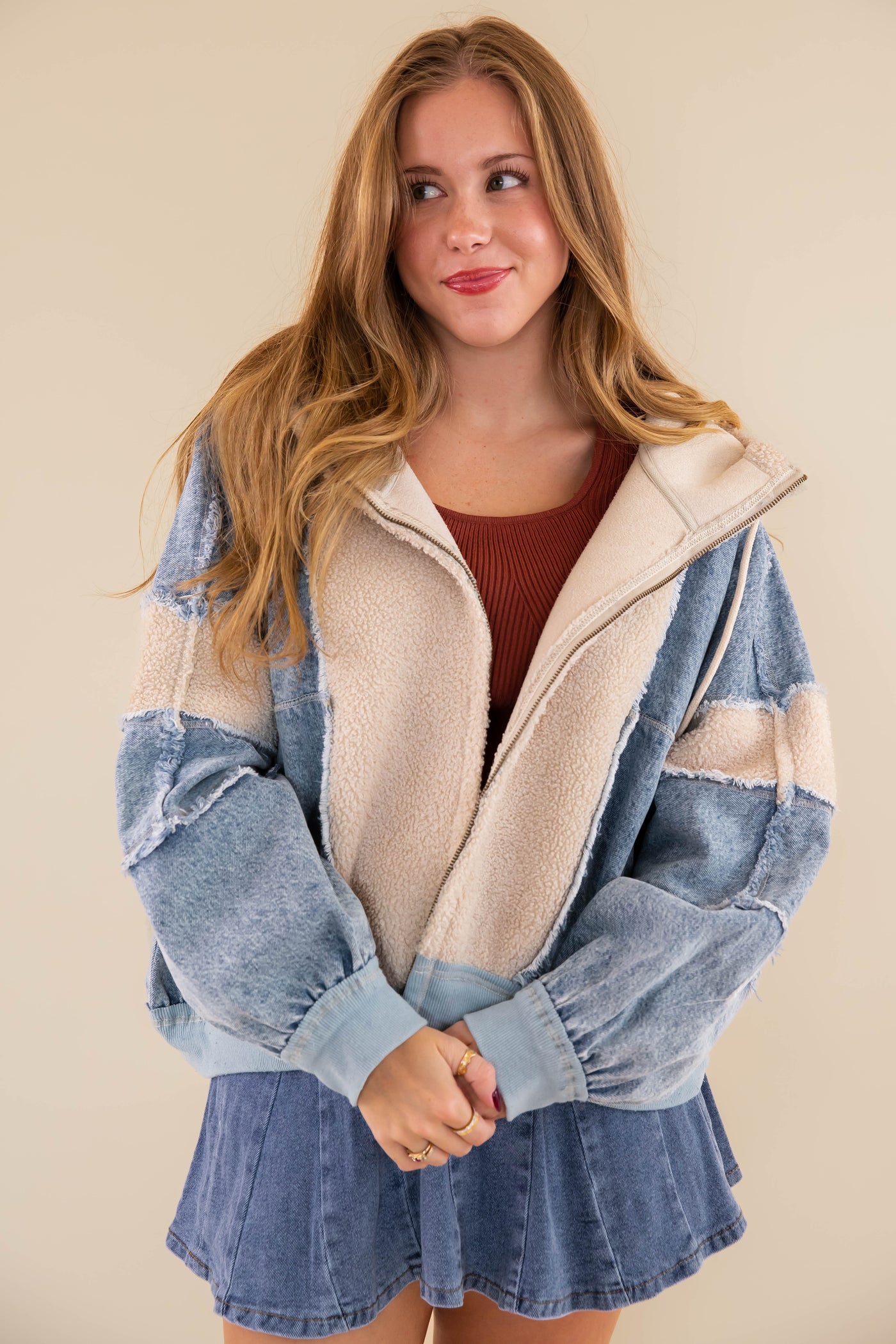 Oversized Denim Jacket- Denim and Sherpa Patchwork Jacket- Bibi Denim Sherpa Jacket