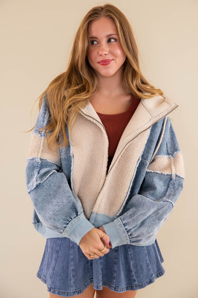 Oversized Denim Jacket- Denim and Sherpa Patchwork Jacket- Bibi Denim Sherpa Jacket