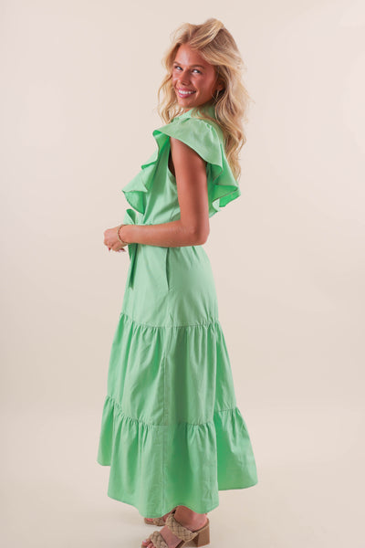 Ruffle Button-Down Poplin Midi Dress- Women's Preppy Green Midi Dress- Ruffle Green Dress